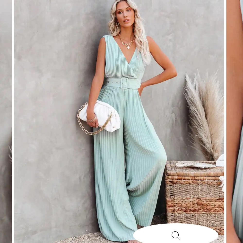 VICI High Tea Pleated Wide Leg Belted Jumpsuit- SAGE